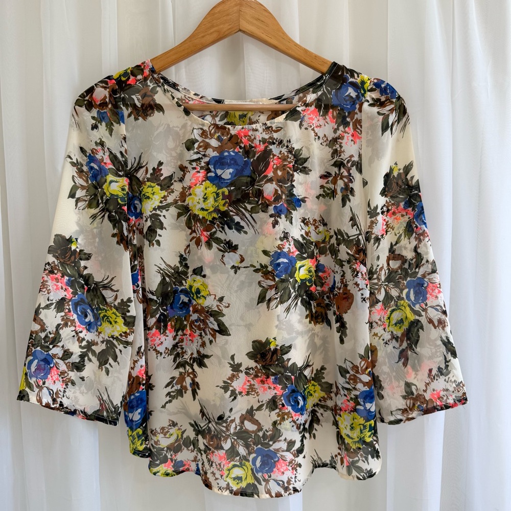 Lush Brand Multicolor Sheer Floral Blouse with Draped Overlay Back